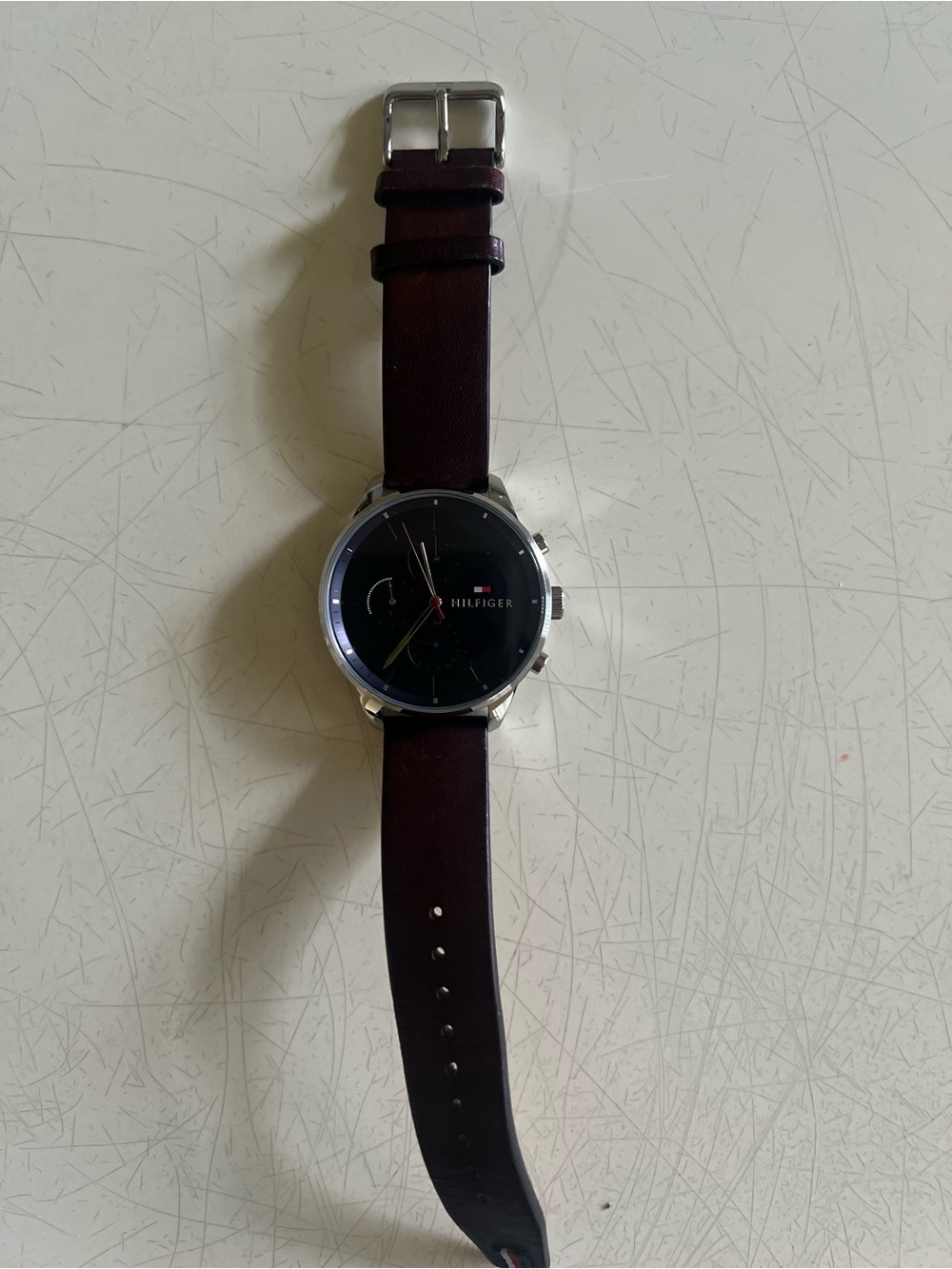 Tommy Hilfiger Dark Brown Leather Strap Watch with Black Dial No Battery